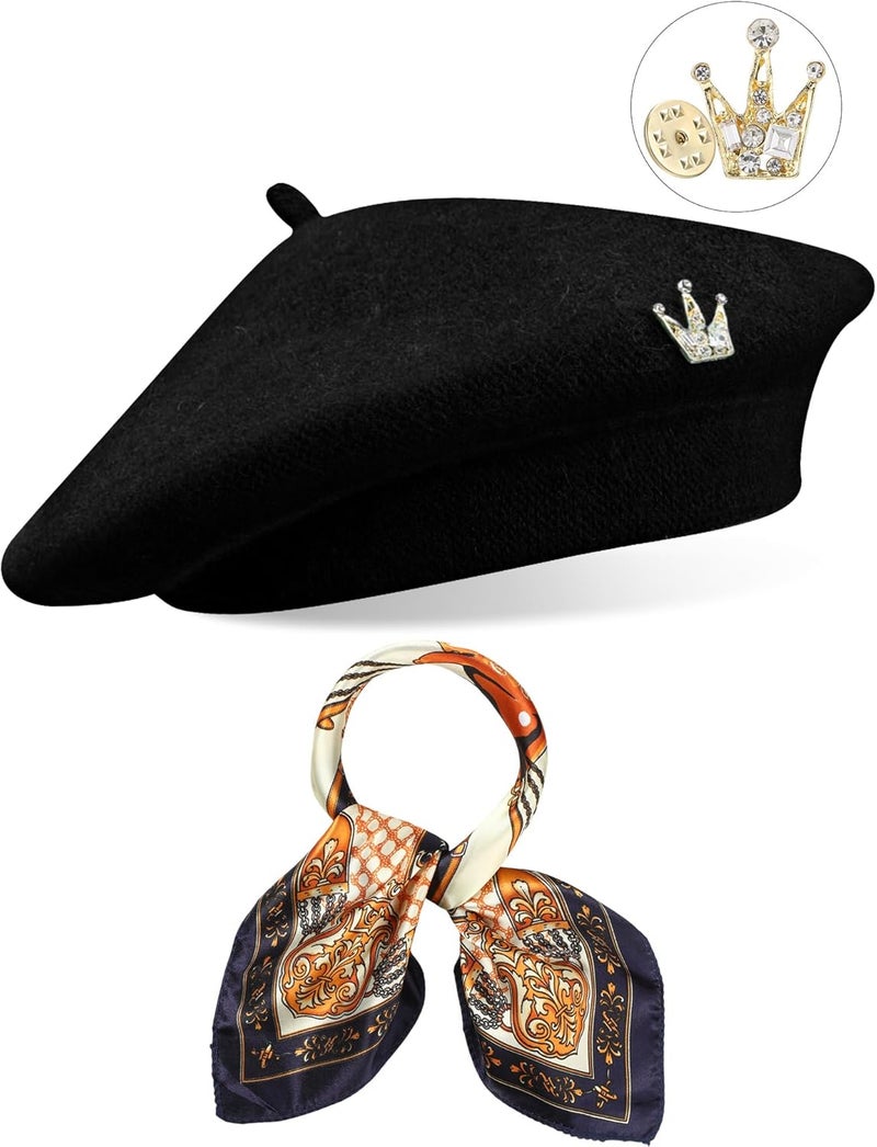 Jamntower 3 Pcs Wool Beret Solid Color French Beanie Hat with Silky Scarf Brooch for Women Girls Gift - Image 1